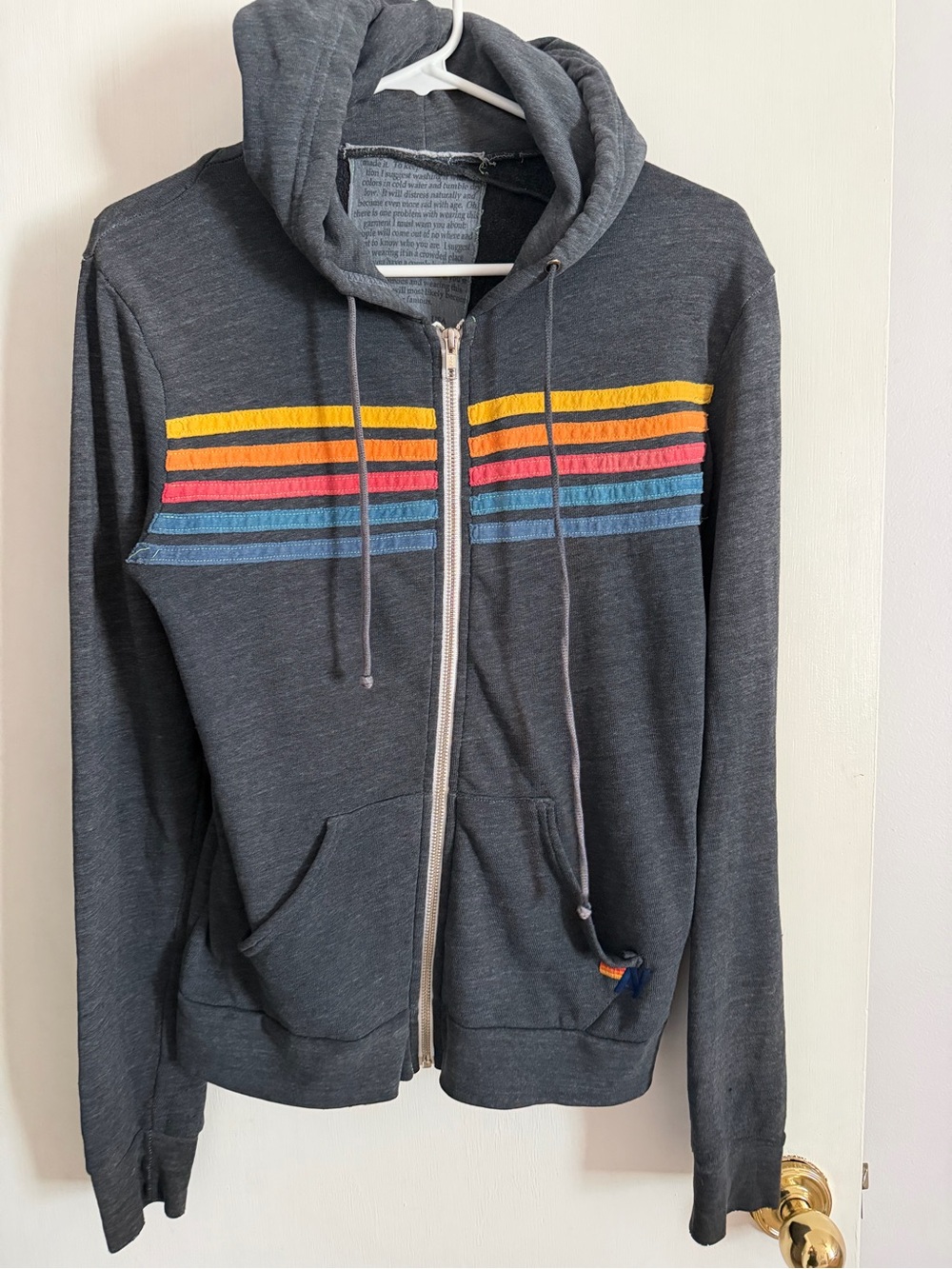 Aviator Nation 5-Stripe Zip Up Hoodie Grey Rainbow XS